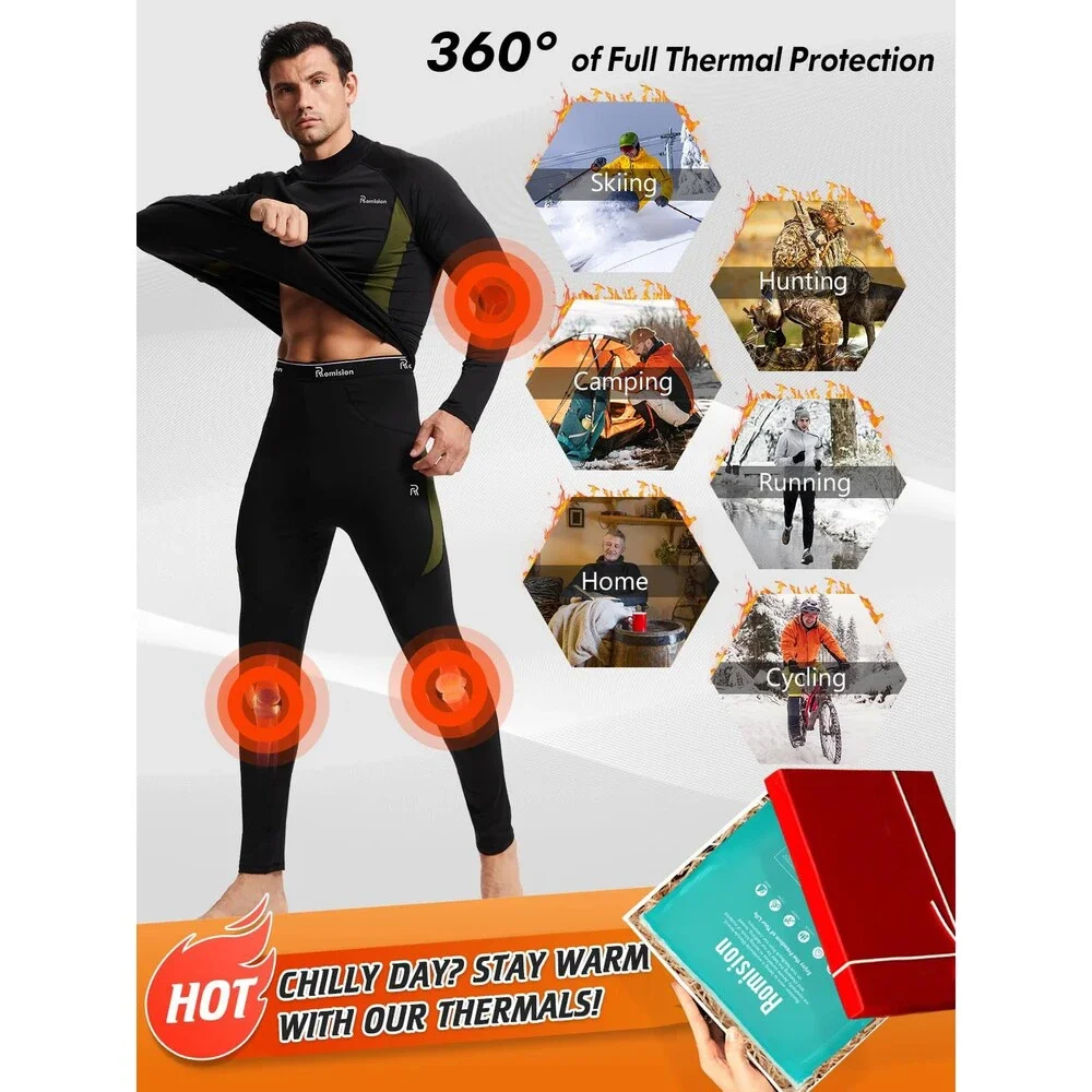 romision Men's Thermal Underwear Long Johns Fleece Lined Base Layer Cold XL
